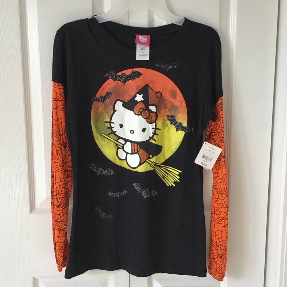 HTF Hello Kitty Halloween T Shirt Jr L 11/ 13 Long Sleeves Goth Moon Glitter…
